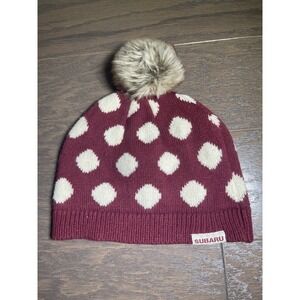 Subaru Polka Dot Maroon Beanie Hat Winter‎ Pom Pom Logo